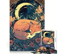 Puzzle Artistique Renard endormi sous Croissant de Lune 1000 pièces pour Adolescents Se remémorer, améliorer, détendre l'esprit, œuvre d'art aux Contours Nets 38x26cm