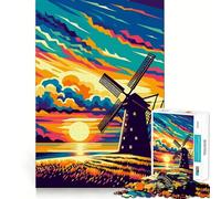Puzzle Artistique Windmill Sunset pour Adolescents,1000 pièces,découpe Laser,Assemblage Parfait,Exercice Mental Calme à la Maison (38x52cm)