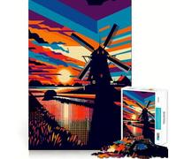 Puzzle Artistique Windmill Sunset WPAP de 1000 pièces Jeu de réflexion Amusant Conception sans Espace pour Les réunions de Famille (38x52cm)