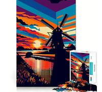 Puzzle Artistique Windmill Sunset WPAP de 1000 pièces Jeu de réflexion Amusant et Stimulant pour la Concentration Technologie de découpe Laser avancée Idéal pour Les Voyages (50x75cm)