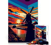 Puzzle Artistique Windmill Sunset WPAP pour Adolescents, 1000 pièces, Exercice de logique, Moment de détente, Bords Nets, (38x26cm)