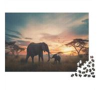 Puzzle at Coucher de Soleil - Female and Baby Éléphant on Savane Africaine pour Adultes,1000pcs (75x50cm),Jeu ÉduChatif,décoration De La Maison,