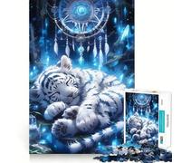 Puzzle Attrape-rêves Tigre Blanc Endormi 1000 pièces pour Adolescents Attrape-rêves, Esprit Calme, œuvre d'art aux Contours Nets 38x52cm