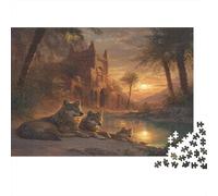 Puzzle Au Coucher du Soleil : Une Meute de Loups près d'une Oasis du désert pour Adultes,38x26cm/1000pcs,Jeu Éducatif,décoration De La Maison,