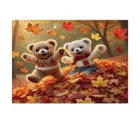 Puzzle avec deux ours jouant parmi les feuilles d’automne | 70x50cm Instant forestier chaleureux, Feuilles d’érable, Palette automnale, Activité à partager, 1000 pièces