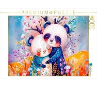 Puzzle · Bande dessinée à l'aquarelle : Un Couple de Pandas s'étreint | tendrement dans un décor moderne · Un panda et une petite panda… · 2000 pièces · Format assemblé 90 × 67 cm · CALVENDO Puzzle