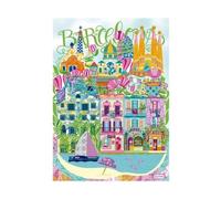 Puzzle Barcelone illustre 1000 Pieces, 48x68cm - Gaudi, Sagrada Familia - Voyage, Souvenirs Espagne - Set Puzzle Adulte et Carte
