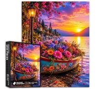 Puzzle Bateau Fleur Coucher de Soleil 1000 Pièces Scène Village Lakeside | Scène de soirée vibrante avec un bateau rempli de fleurs, village de lac lumineux et montagnes, taille finie 50 x 70 cm