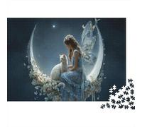 Puzzle Beautiful Woman and Her Cat Sitting on The Moon pour Adultes,1000pcs (75x50cm),Jeu Éducatif,décoration De La Maison,