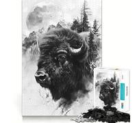 Puzzle Bison de 1000 pièces - Double exposition - Lune - Pièces ajustées - Jeu cognitif - Cadeau pour des heures confortables - Motif de Noël (50 x 75 cm)