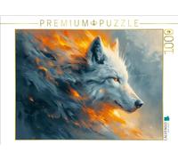 Puzzle · Blanc de Flamme : l'élégance du Loup Blanc dans Le Jeu du feu | L'intelligence artificielle crée une image captivante · 1000 pièces · Format assemblé 64 × 48 cm · CALVENDO Puzzle