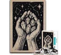 Puzzle Bois pour Adultes, Hands Holding Crystals in Starry Sky, 300 pièces