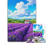 Puzzle Bois pour Adultes, Lavender Field with House and Clouds, 1000 pièces