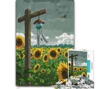 Puzzle Bois pour Adultes, Rainy Sunflower Field with Wind Chime, 500 pièces