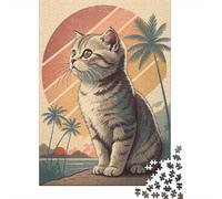 Puzzle Bois pour Adultes, Retro Cat on Tropical Island De Noël, 1000 pièces