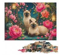 Puzzle Bois pour Adultes, Siamese Cats and Floral Arrangement, 1000 pièces | Activité sans écran avec activité à partager en famille sur plusieurs sessions.