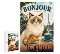 Puzzle Bonjour Mon Amour Paris Cat Poster, 1000 PCS, Activité Créative À La Maison, comme Présent Festif pour Amateurs De Puzzles, À Noël
