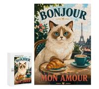 Puzzle Bonjour Mon Amour Paris Cat Poster, 300 PCS, Activité Créative À La Maison, comme Présent Festif pour Amateurs De Puzzles, pour Les Fêtes