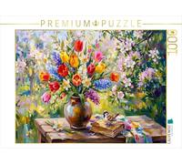 Puzzle · Bouquet de Tulipes colorées dans Un Jardin en Fleurs, avec Un | livre et un moineau · Un bouquet de tulipes fraîches dans le… · 1000 pièces · Format assemblé 64 × 48 cm · CALVENDO Puzzle