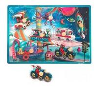 Puzzle bouton en bois musical les véhicules ( avion fusee train camion bateau ambulance moto) 7 pieces - puzzle enfant a encastrer - pour janod
