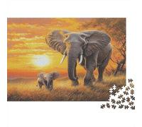 Puzzle Bull Éléphant with Baby Éléphant pour Adultes,1000pcs (75x50cm),Jeu ÉduChatif,décoration De La Maison,Coucher de Soleil Africain