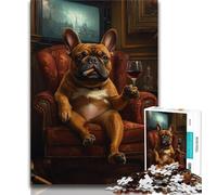 Puzzle Bulldog Buvant du vin Rouge 1000 pièces pour Adultes et Adolescents, idéal pour Tuer Le Temps en Vacances avec des pièces de Formes aléatoires entièrement emboîtables (50x75cm)