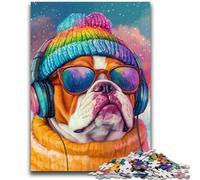 Puzzle Bulldog écoutant de la Musique pour Adultes et Adolescents, 1 000 pièces, Aide Le Cerveau à exercer des Jouets addictifs pour cultiver la Patience Une œuvre d'art (38x26cm)