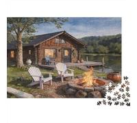 Puzzle Cabane Feu de Camp 52x38cm 1000p Papier Recy dulte Maison Montagne Rustique Jeu Difficile Détente Décoration Maison Hommes