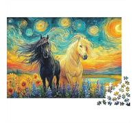 Puzzle Cadeau Cheval Noir Galopant Feu et Eau 1000 Pièces pour Adultes Cheval Noir Blanc Nuit Étoilée Premium Épais Robuste Haute Qualité Difficile Anti-Stress 38x26cm