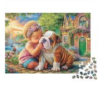 Puzzle Cadeau d'anniversaire Adulte 1000 Pièces, Baiser sous la Pluie, Bébé et Bouledogue dans Un Jardin Ensoleillé, Premium Épais Robustes, Défi Antistress 38x26cm