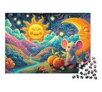 Puzzle Cadeau d'anniversaire Adulte 1000 Pièces, Scène Douillette d'Écureuil, Souris sous Le Soleil et la Lune dans des Collines Fantastiques, Premium Épais Robustes, Défi Antistress 38x26cm