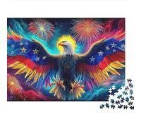 Puzzle Cadeau Fête Aigle 1000 Pièces pour Adultes Pygargue à Tête Blanche Drapeau Feux d'artifice Premium Épais Robuste Haute Qualité Difficile Anti-Stress 38x26cm
