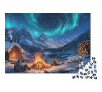 Puzzle Cadeau Noël 1000 pièces cabane Aurore - Feu de Camp dans Montagnes enneigées sous Aurore, Premium Robuste, qualité, défi, Relaxant 38x26cm/1000pcs