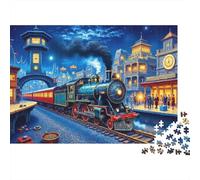 Puzzle Cadeau Saint-Valentin 1000 pièces Gare Nuit - Train à Vapeur Magique, Premium Robuste, qualité, Vibrant, défi, Relaxant 52x38cm/1000pcs