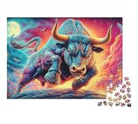 Puzzle Cadeau Saint-Valentin Taureau 1000 Pièces pour Adultes Taureau Mythique Lune Coucher de Soleil Premium Épais Robuste Haute Qualité Vibrant Difficile Anti-Stress 52x38cm