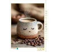 Puzzle · Café fatigué aux Yeux endormis - Motif matinal Doux pour Les Fans | de café · Une simple tasse en pierre avec les yeux fermés… · 1000 pièces · Format assemblé 64 × 48 cm · CALVENDO Puzzle