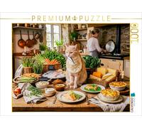 Puzzle · Chat à Table Devant Une sélection de délices Bio « Bien-être | préparés à la main · Un chat est assis à table et contemple… · 1000 pièces · Format assemblé 64 × 48 cm · CALVENDO Puzzle