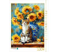 CALVENDO Puzzle Cat in a still life with sunflowers in a flower vase in impressi