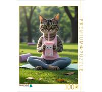 Puzzle · Chat de Yoga avec Smoothie - Image de Chat Amusante pour Les Fans | de sport · Chat sportif en tenue de yoga avec gobelet · 1000 pièces · Format assemblé 64 × 48 cm · CALVENDO Puzzle