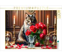 Puzzle CALVENDO Chat derrière un bouquet de roses avec bougies sur une table dat