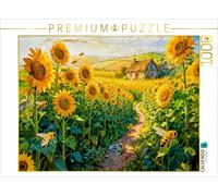 Puzzle CALVENDO Cottage dans un champ de tournesols avec un chat sur le chemin |