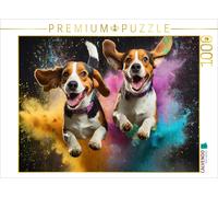 Puzzle CALVENDO Deux beagles sautent dans un nuage de couleurs de la poudre Holi