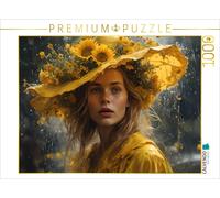Puzzle · Femme avec des tournesols sur Son Chapeau | Avec un chapeau de tournesol sous la pluie · 1000 pièces · Format assemblé 64 × 48 cm · CALVENDO Puzzle