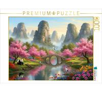 Puzzle CALVENDO Montagnes chinoises brumeuses avec un panda et des grues | 1000
