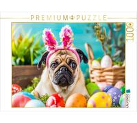 Puzzle CALVENDO Mops en lapin de Pâques parmi des œufs de Pâques multicolores |