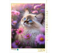 Puzzle CALVENDO Ragdoll regarde entre de nombreuses fleurs roses délicates | 100