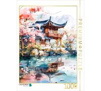Puzzle · Temple à la Floraison des cerisiers en Chine | Peinture à l'aquarelle · Temple à la floraison des cerisiers en… · 1000 pièces · Format assemblé 64 × 48 cm · CALVENDO Puzzle