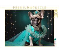 Puzzle CALVENDO Un bouledogue français porte une robe de soirée turquoise avec u