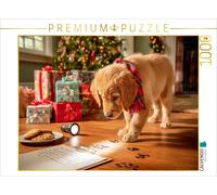 Puzzle · Un Chiot de Noël à la Recherche d'indices Devant Le Sapin de Noël | Un jeune chien suit des traces de pattes à la lumière d'une… · 1000 pièces · Format assemblé 64 × 48 cm · CALVENDO Puzzle