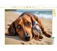 Puzzle CALVENDO Un teckel et une mouette docile sur la plage de sable | 1000 piè